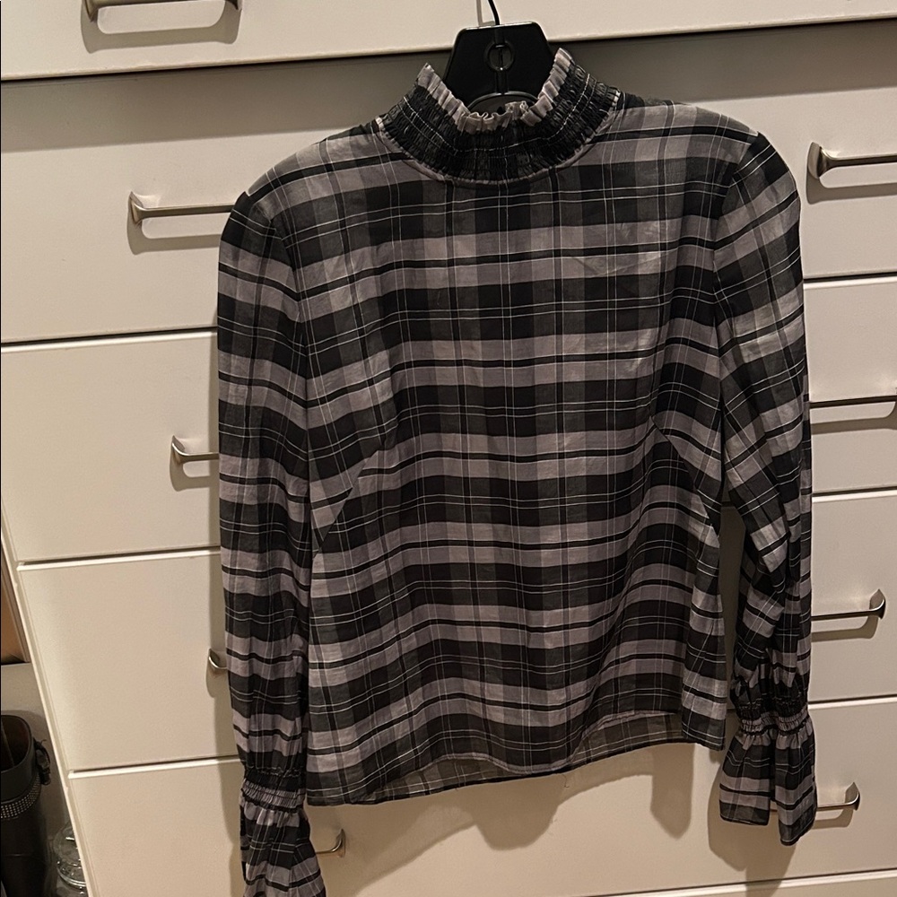 Intermix Plaid Ruffle Neck Lulu Top